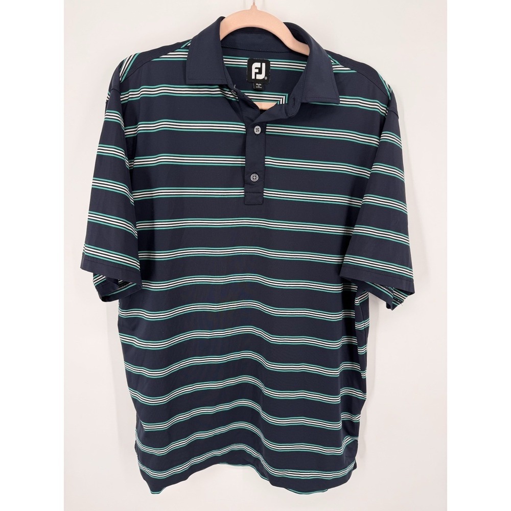 FootJoy Fj Mens Golf Polo Short Sleeve Shirt Navy Blue Green White Stripe M